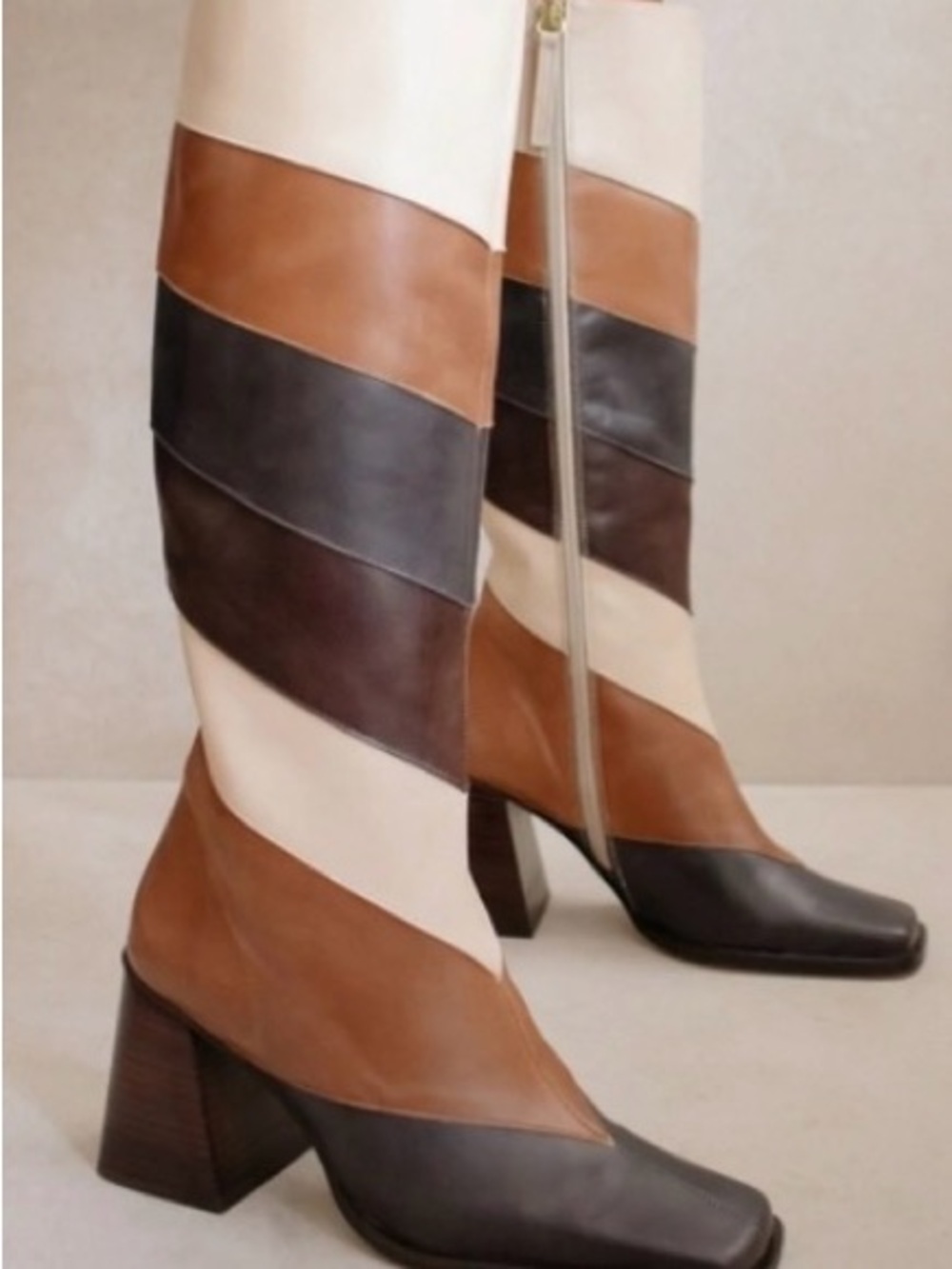 ALOHAS Striped Leather Mid-Calf Boots in Brown, Cream and Black